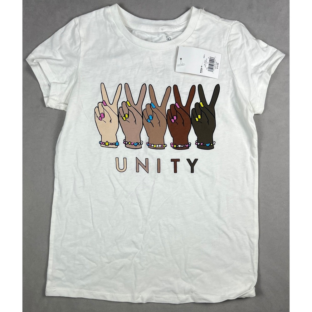 SO Favorite Graphic Tee White Unity Peace Sign Diverse Hands Girls Size L NWT